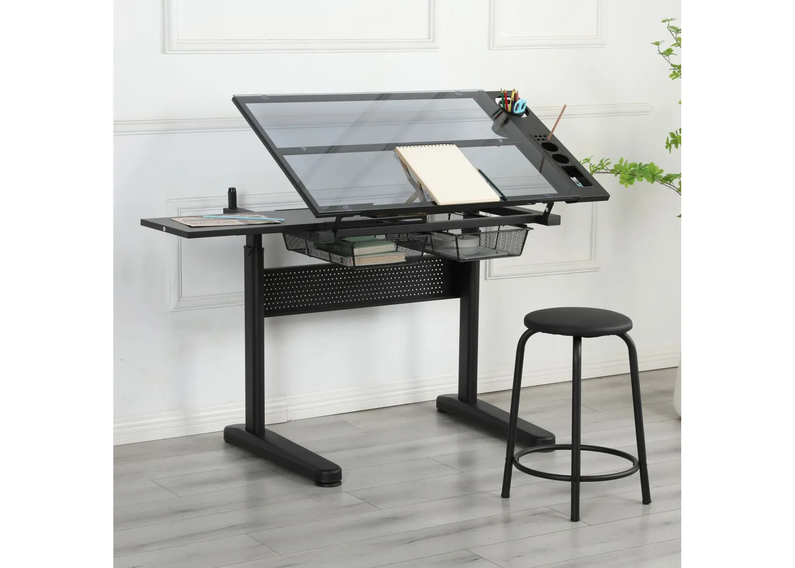 38.18" Hand Crank Adjustable Drafting Table Drawing Desk With 2 Metal Drawers With Stool