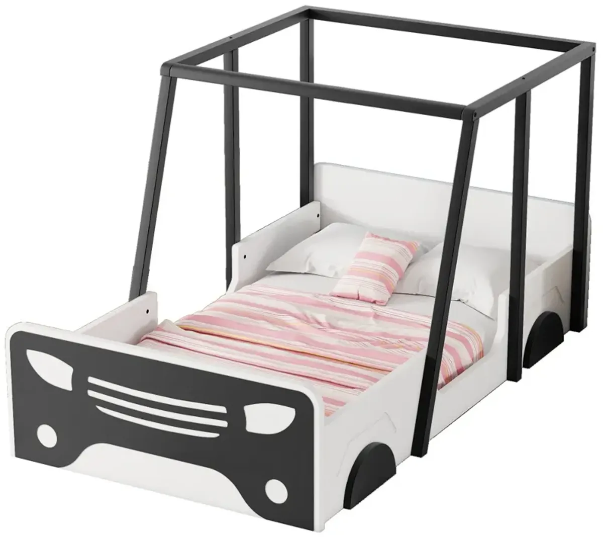 Twin Size Car-Shaped Bed With Roof, Wooden Twin Floor Bed With Wheels And Door Design, Montessori Inspired Bedroom