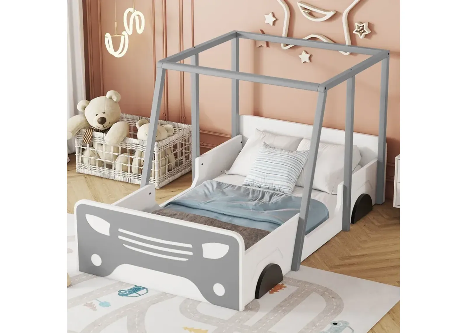 Twin Size Car-Shaped Bed With Roof, Wooden Twin Floor Bed With Wheels And Door Design, Montessori Inspired Bedroom