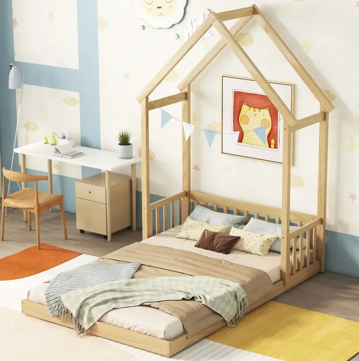 House-Shaped Roof Headboard Floor Bed, (Without Slats)