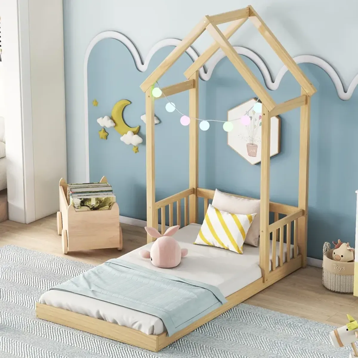 House-Shaped Roof Headboard Floor Bed, (Without Slats)