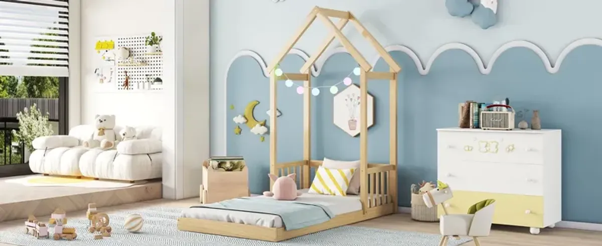 House-Shaped Roof Headboard Floor Bed, (Without Slats)