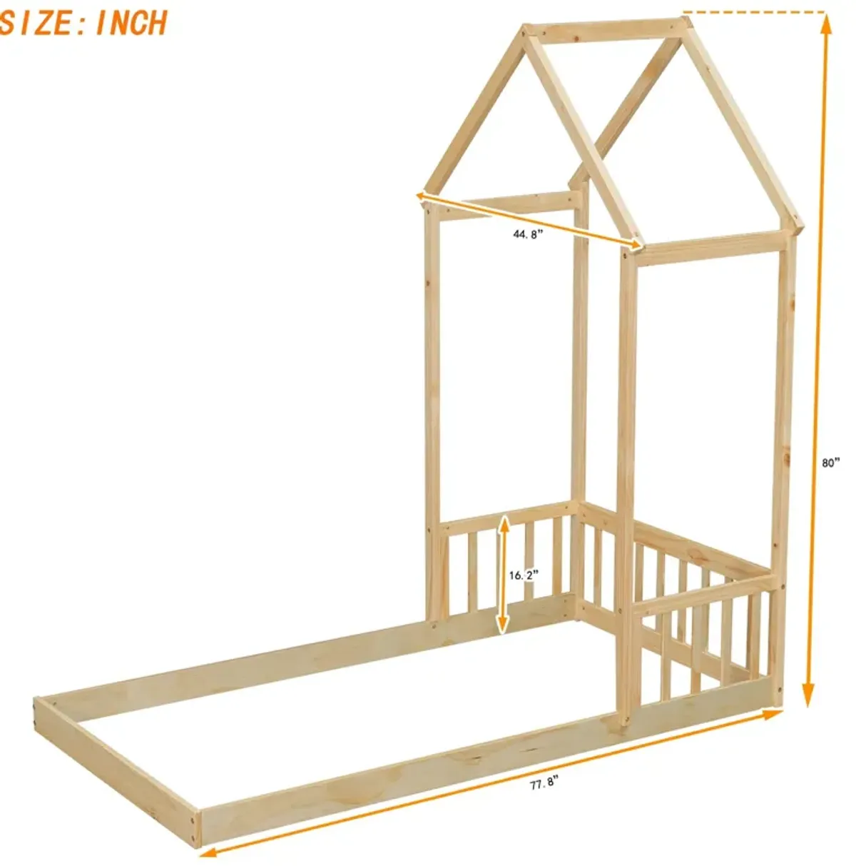 House-Shaped Roof Headboard Floor Bed, (Without Slats)