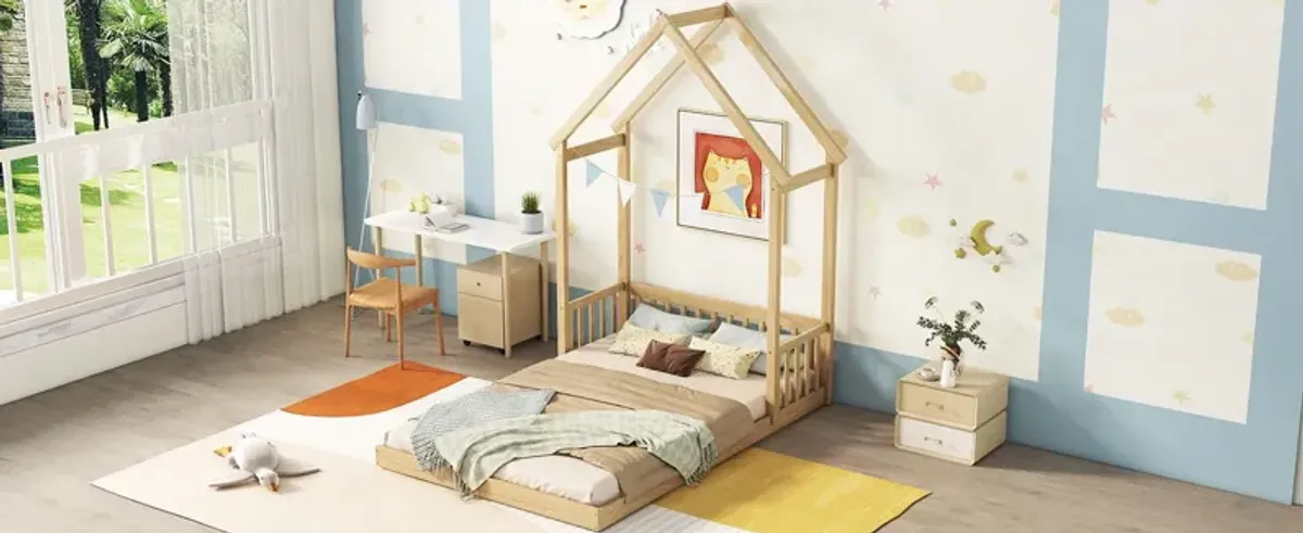 House-Shaped Roof Headboard Floor Bed, (Without Slats)