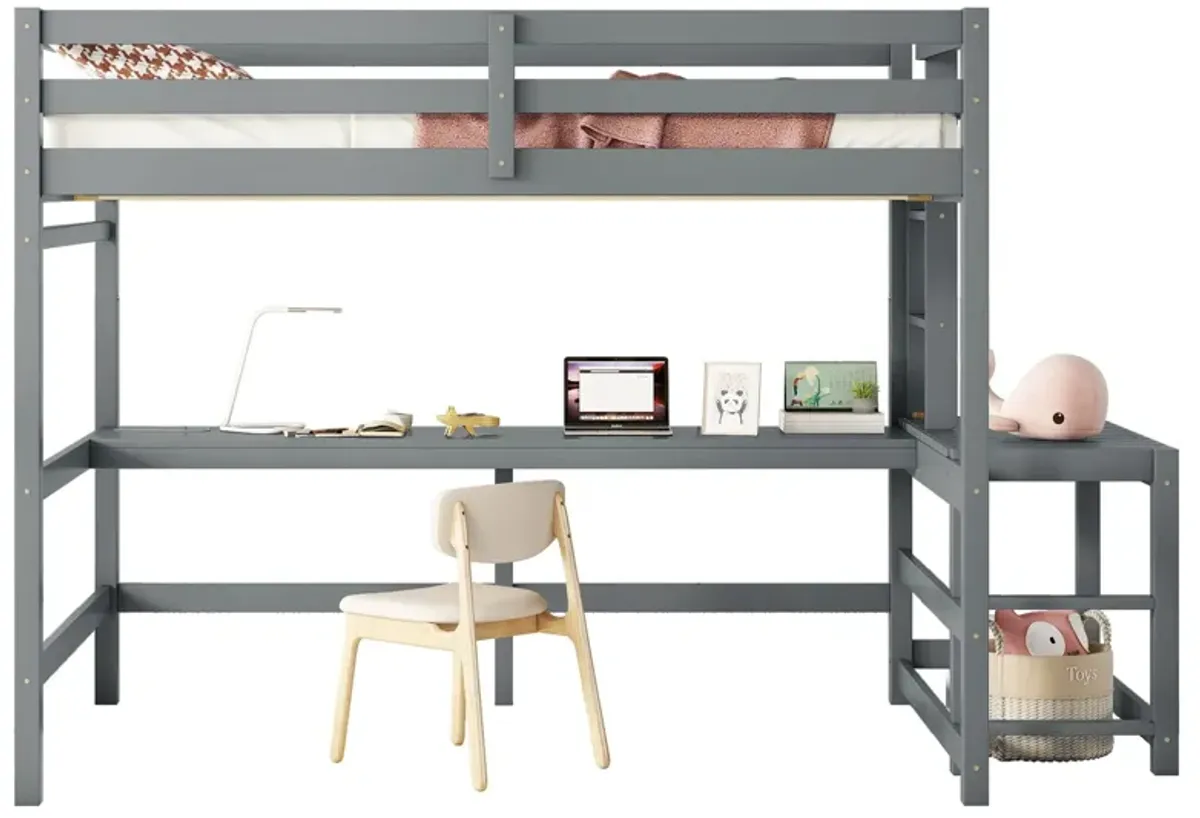 Loft Bed With Built-In Desk, Ladder Platform, Ladders, Guardrails