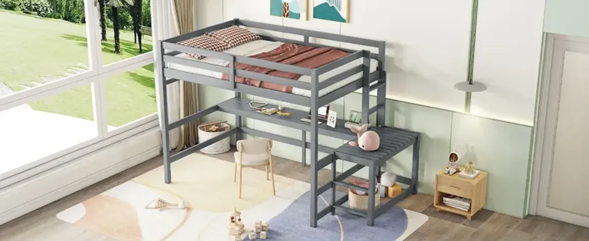 Loft Bed With Built-In Desk, Ladder Platform, Ladders, Guardrails