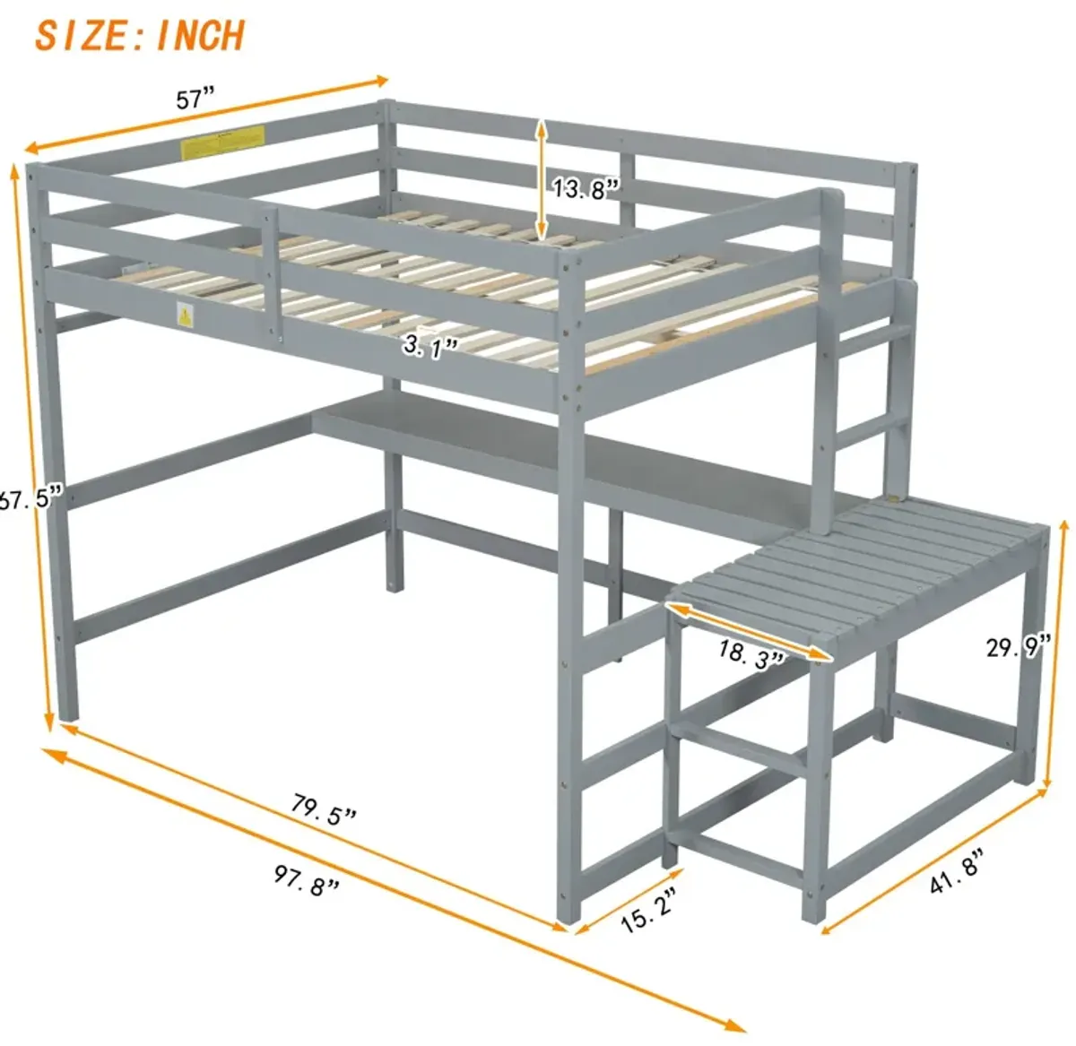 Loft Bed With Built-In Desk, Ladder Platform, Ladders, Guardrails