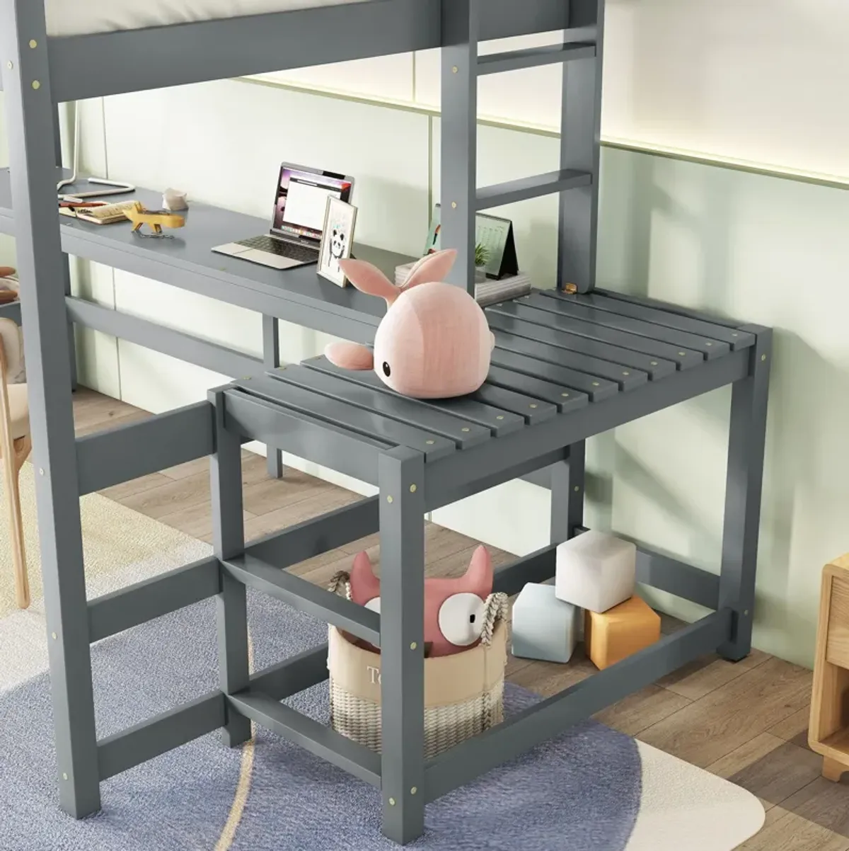 Loft Bed With Built-In Desk, Ladder Platform, Ladders, Guardrails