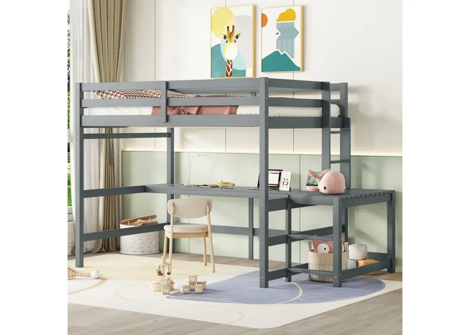 Loft Bed With Built-In Desk, Ladder Platform, Ladders, Guardrails