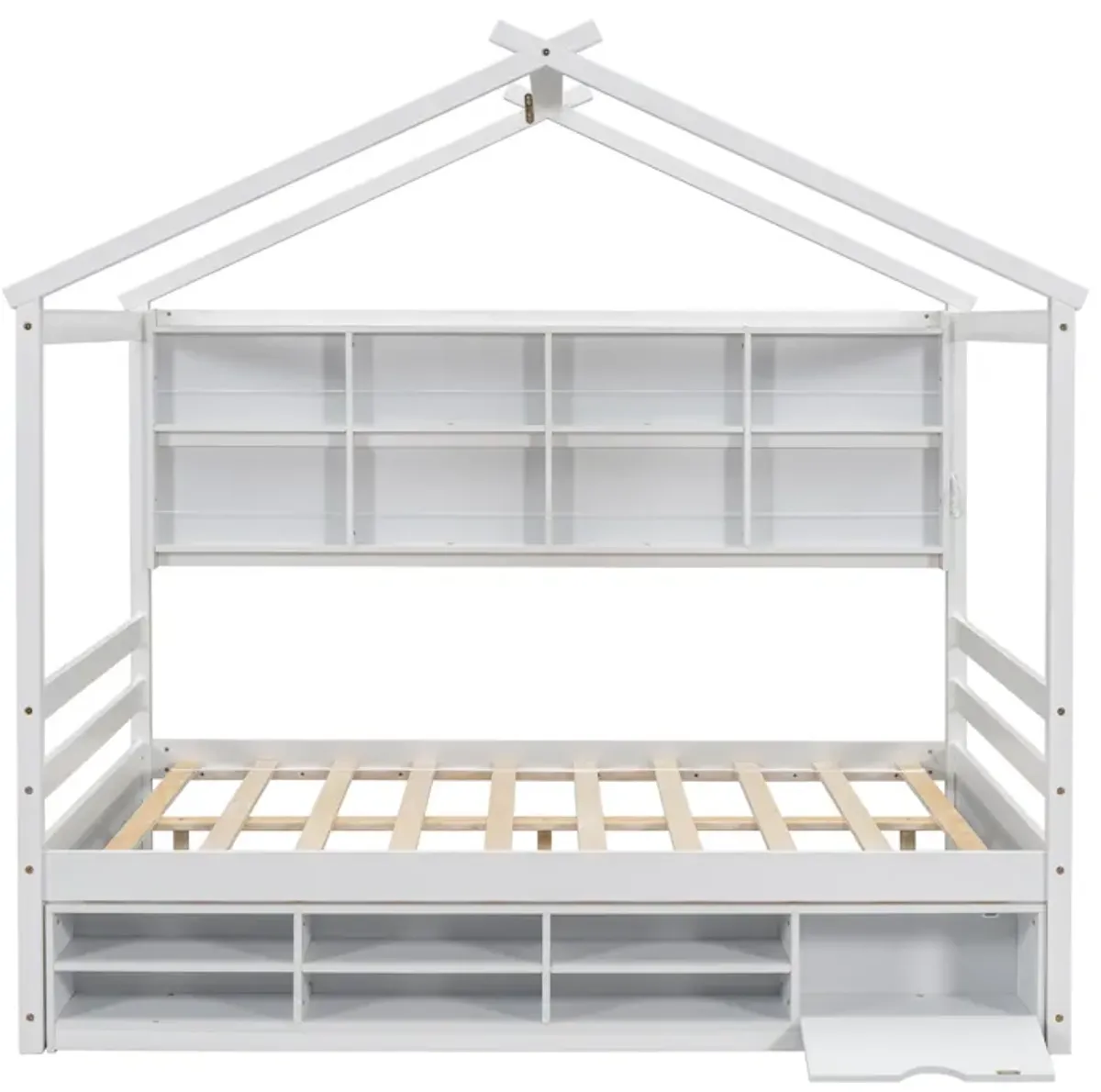 House Bed With Roof Frame, Bedside-Shelves, Under Bed Storage Unit