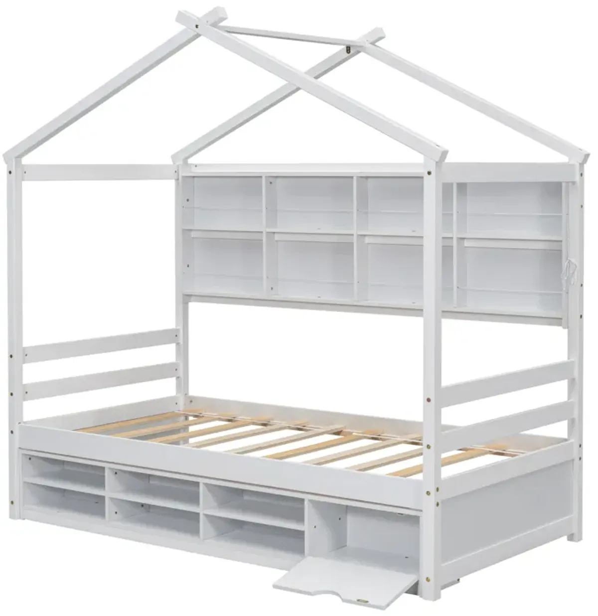 House Bed With Roof Frame, Bedside-Shelves, Under Bed Storage Unit