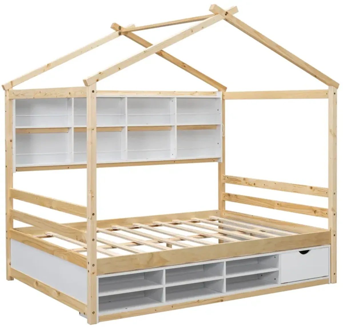 House Bed With Roof Frame, Bedside-Shelves, Under Bed Storage Unit