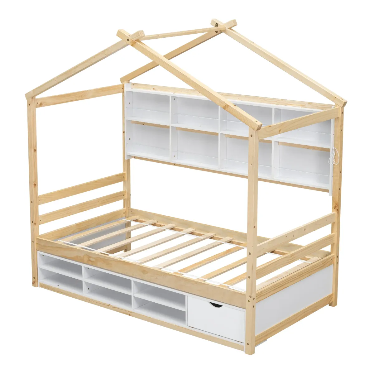 House Bed With Roof Frame, Bedside-Shelves, Under Bed Storage Unit