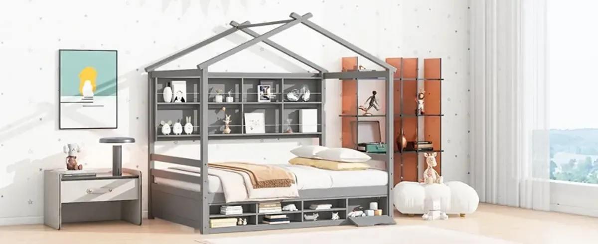 House Bed With Roof Frame, Bedside-Shelves, Under Bed Storage Unit