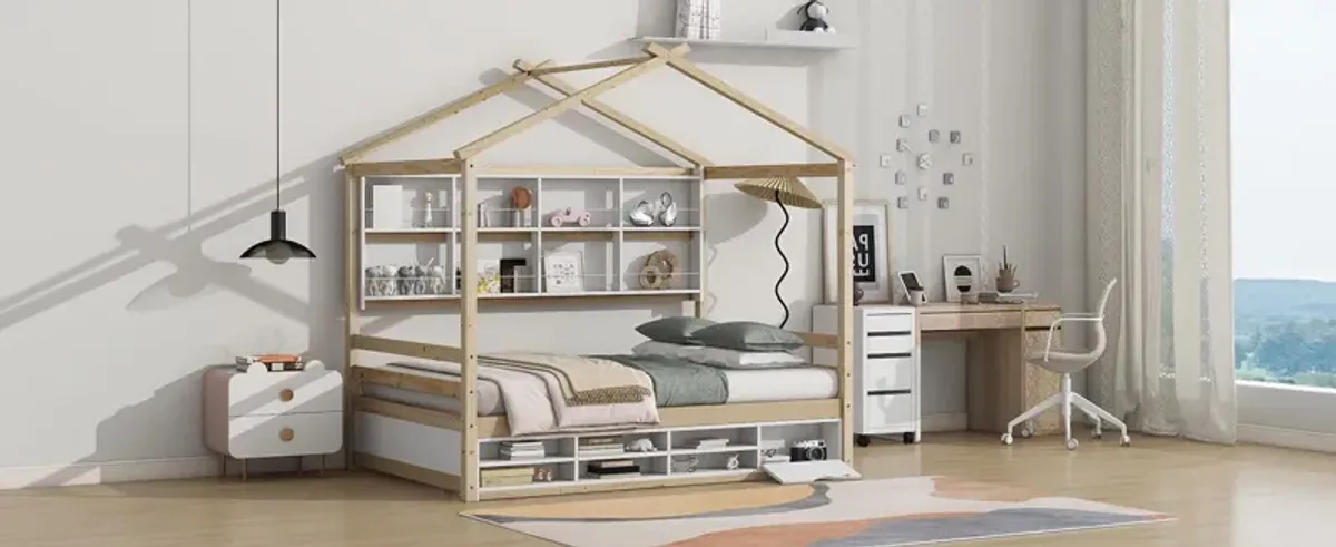 House Bed With Roof Frame, Bedside-Shelves, Under Bed Storage Unit