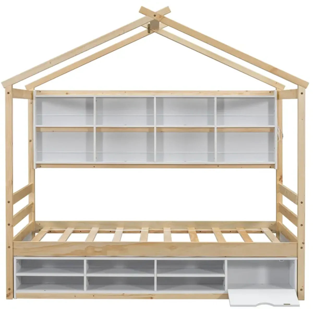 House Bed With Roof Frame, Bedside-Shelves, Under Bed Storage Unit