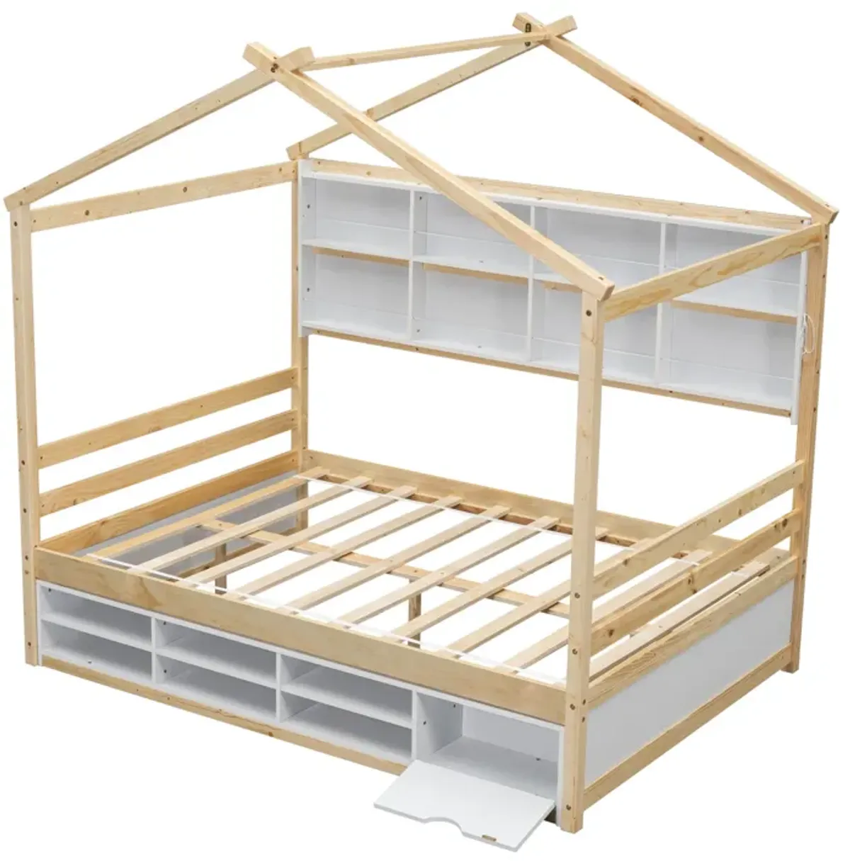 House Bed With Roof Frame, Bedside-Shelves, Under Bed Storage Unit