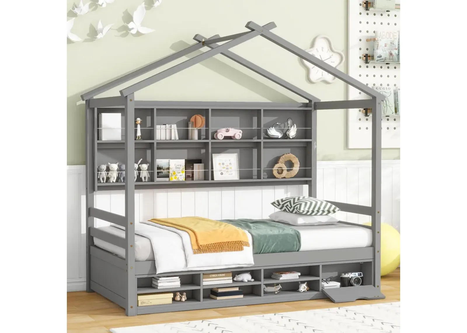 House Bed With Roof Frame, Bedside-Shelves, Under Bed Storage Unit