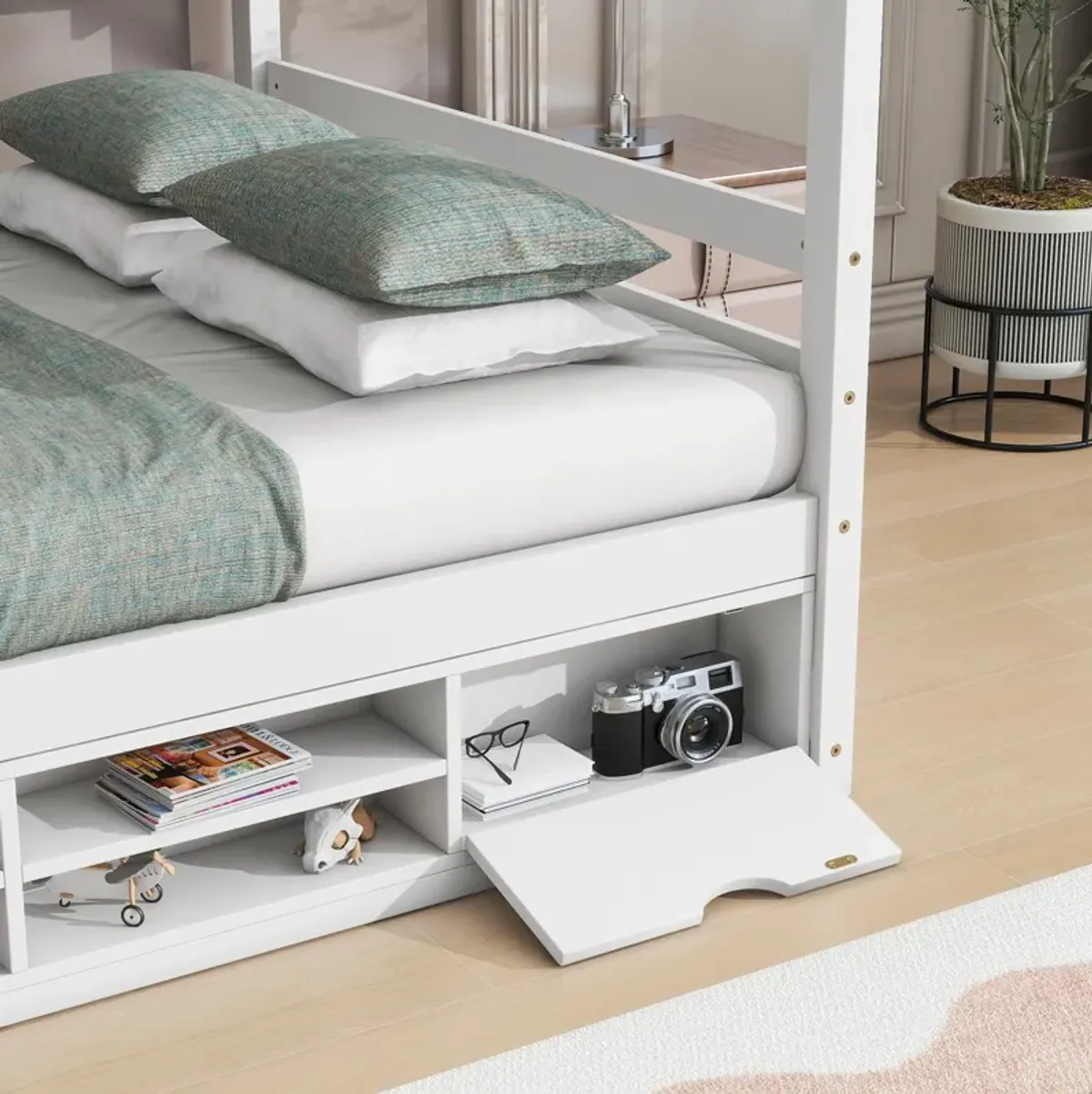 House Bed With Roof Frame, Bedside-Shelves, Under Bed Storage Unit