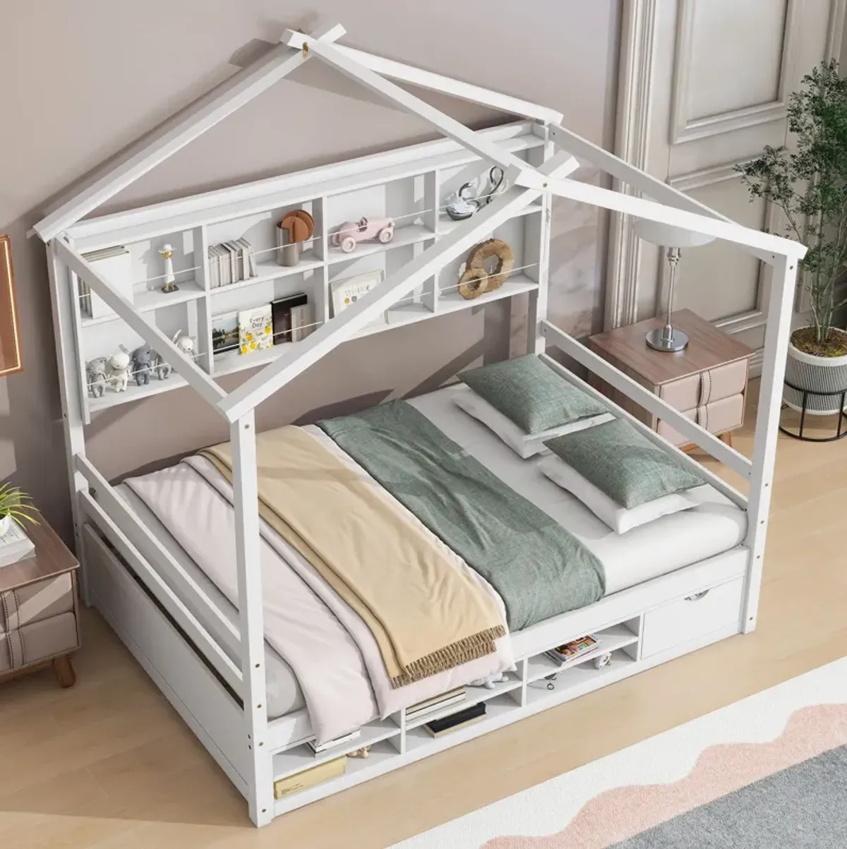 House Bed With Roof Frame, Bedside-Shelves, Under Bed Storage Unit