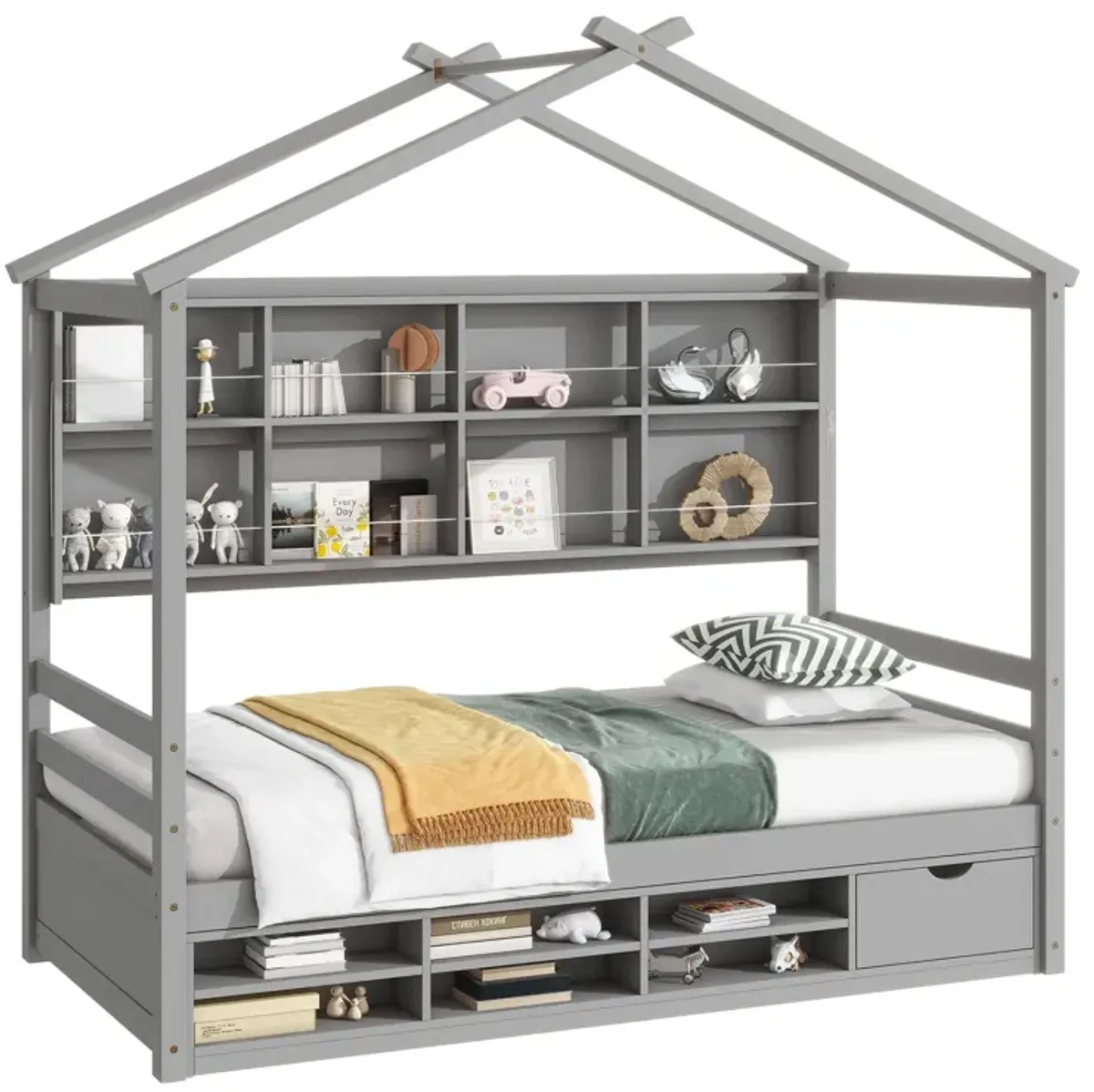 House Bed With Roof Frame, Bedside-Shelves, Under Bed Storage Unit