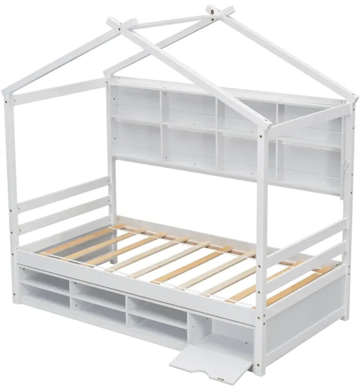 House Bed With Roof Frame, Bedside-Shelves, Under Bed Storage Unit