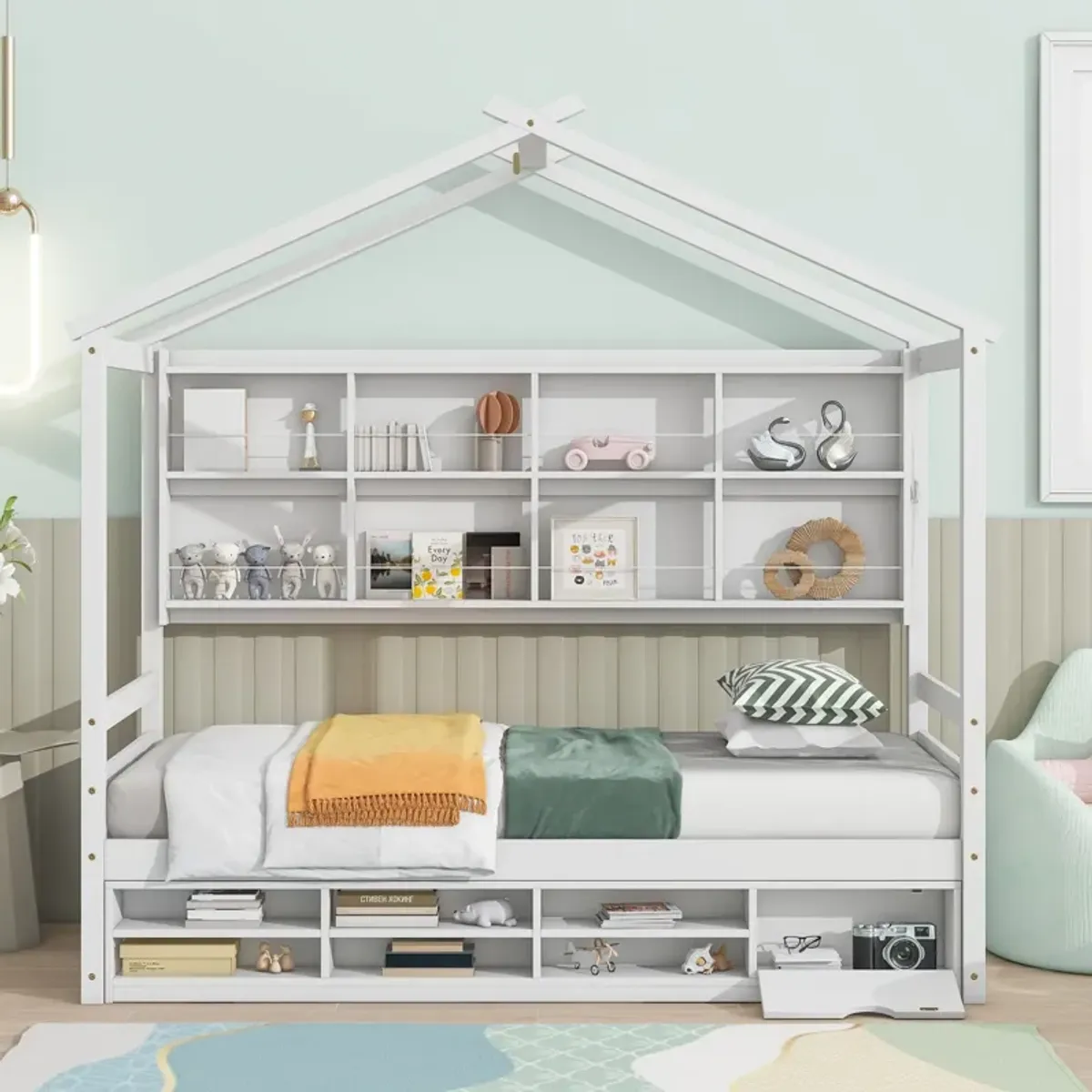 House Bed With Roof Frame, Bedside-Shelves, Under Bed Storage Unit