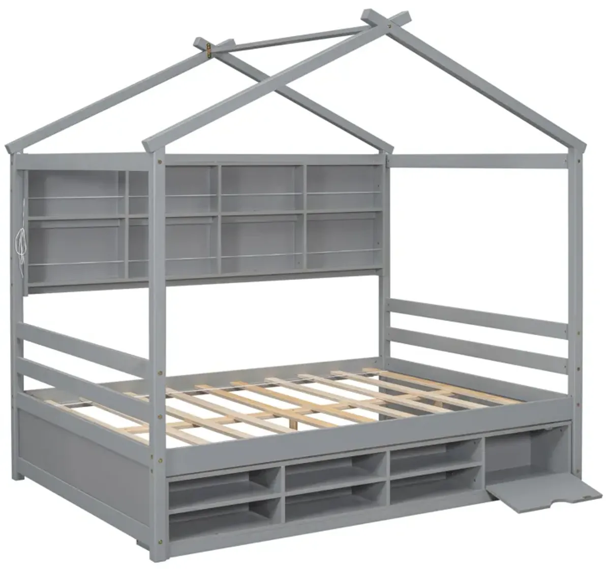 House Bed With Roof Frame, Bedside-Shelves, Under Bed Storage Unit