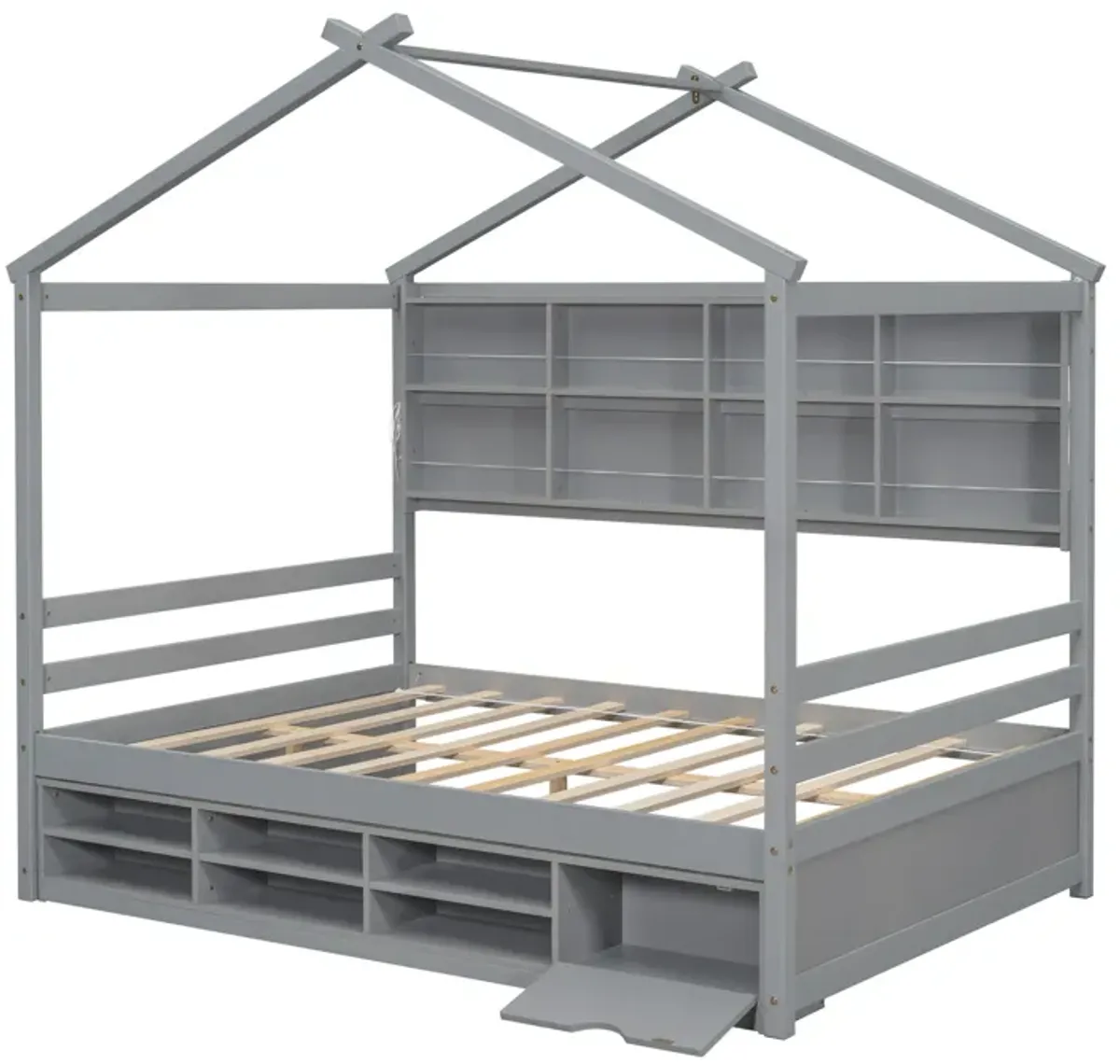 House Bed With Roof Frame, Bedside-Shelves, Under Bed Storage Unit