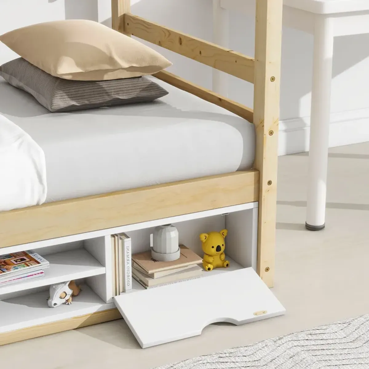 House Bed With Roof Frame, Bedside-Shelves, Under Bed Storage Unit