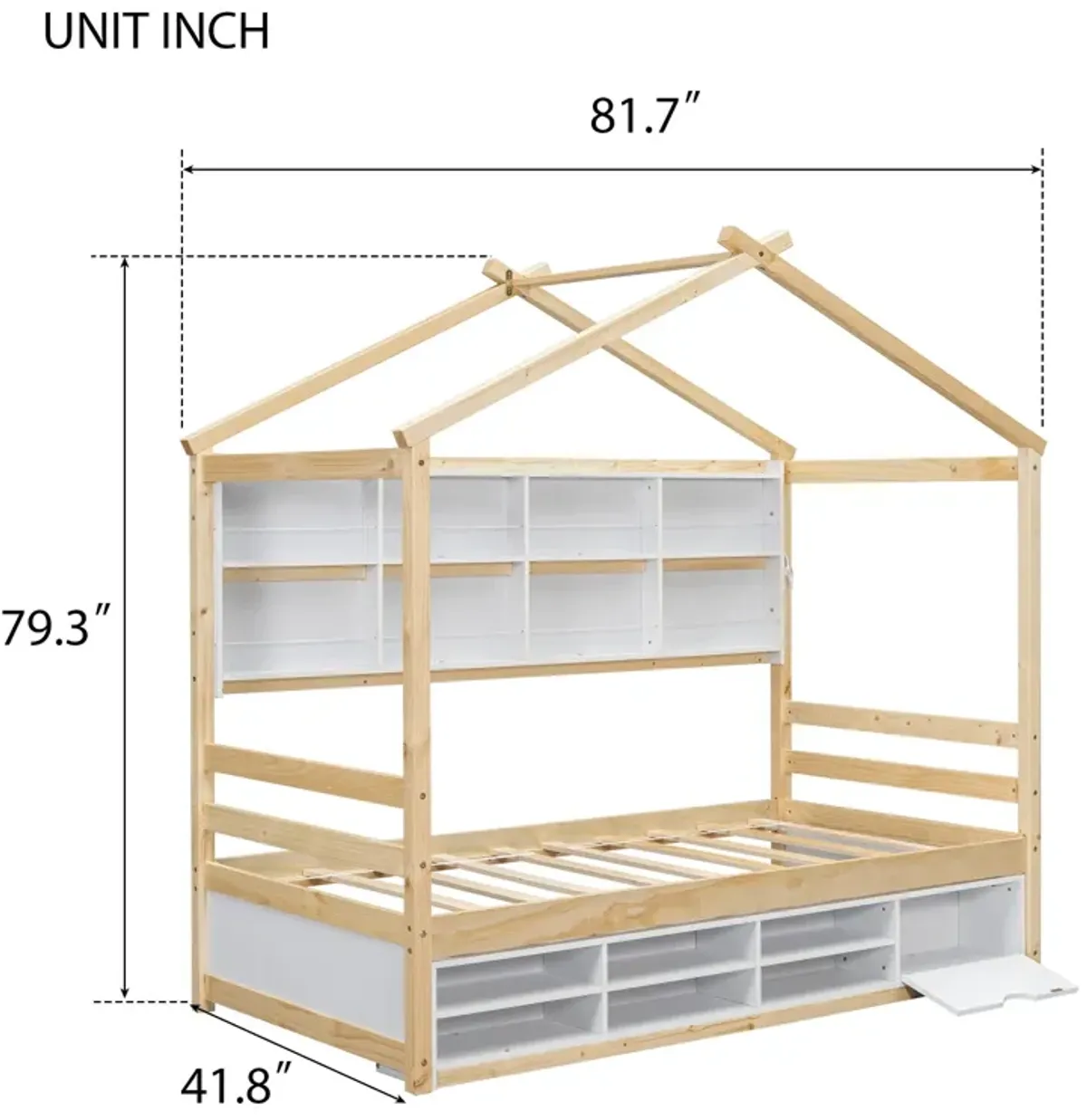 House Bed With Roof Frame, Bedside-Shelves, Under Bed Storage Unit