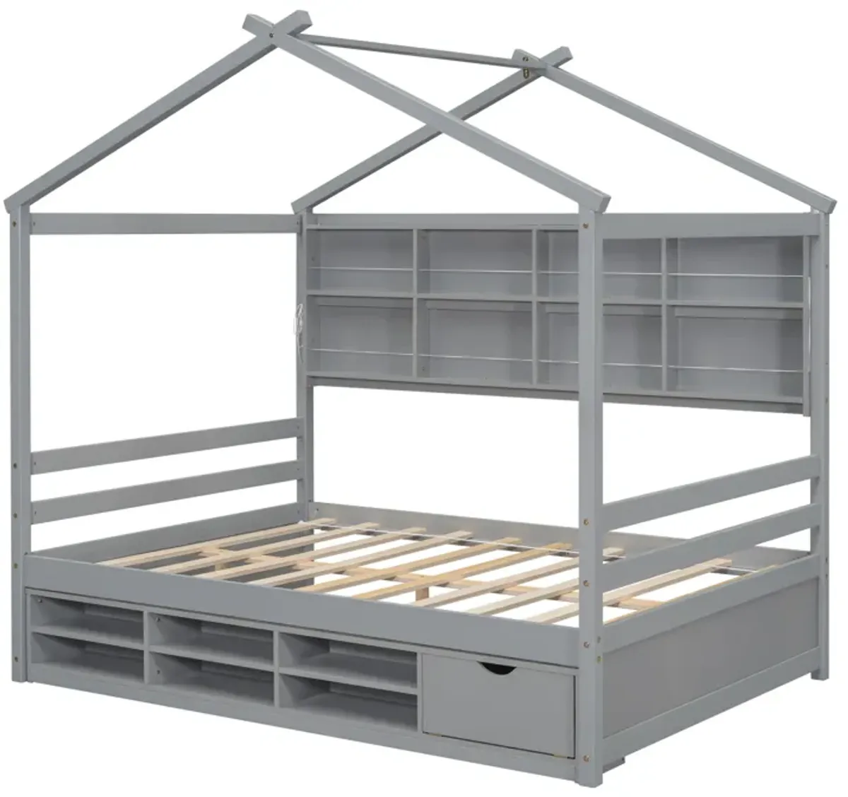 House Bed With Roof Frame, Bedside-Shelves, Under Bed Storage Unit