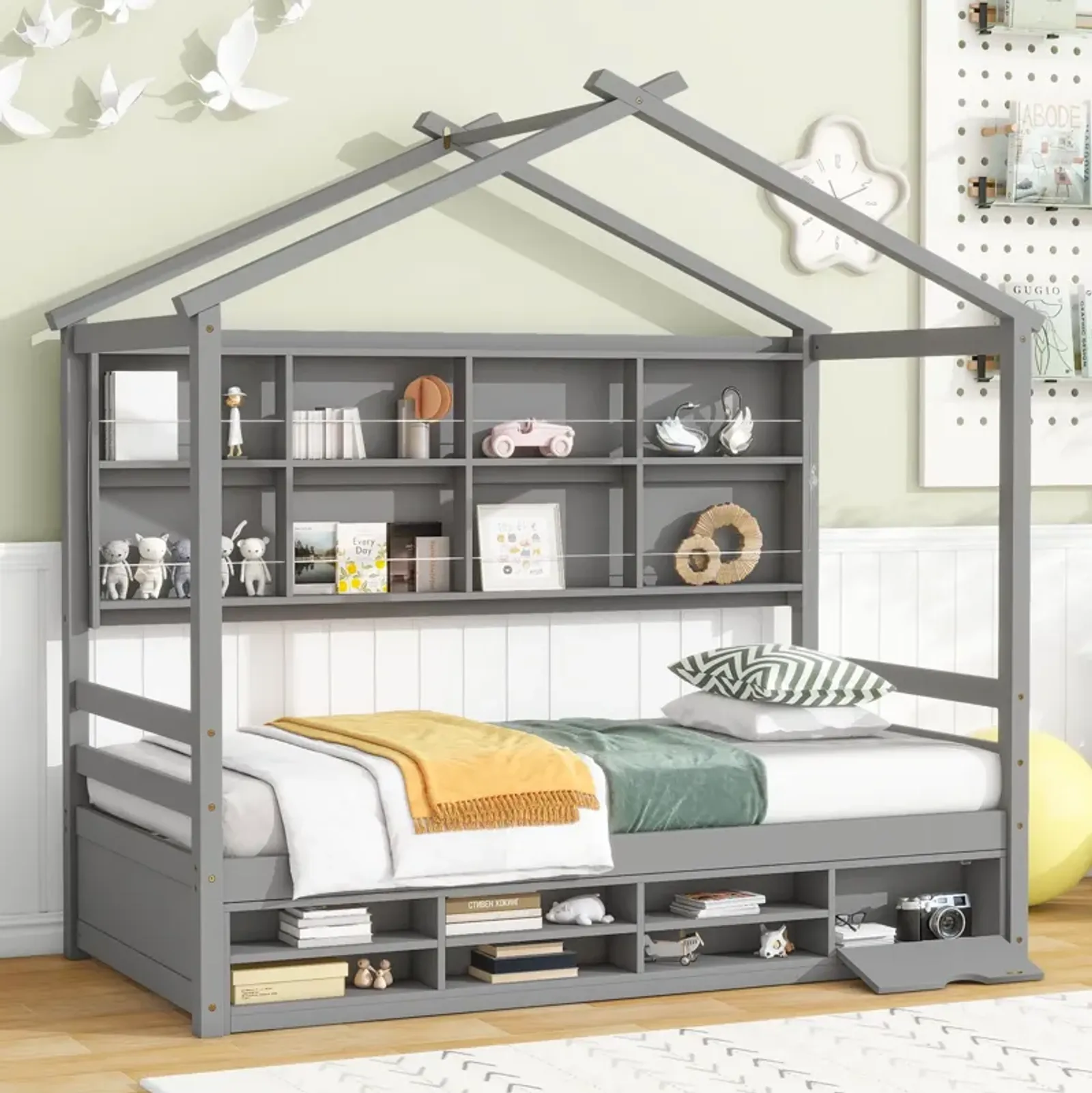 House Bed With Roof Frame, Bedside-Shelves, Under Bed Storage Unit