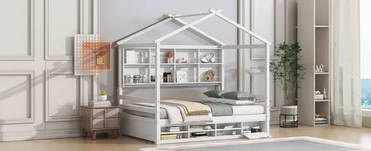 House Bed With Roof Frame, Bedside-Shelves, Under Bed Storage Unit