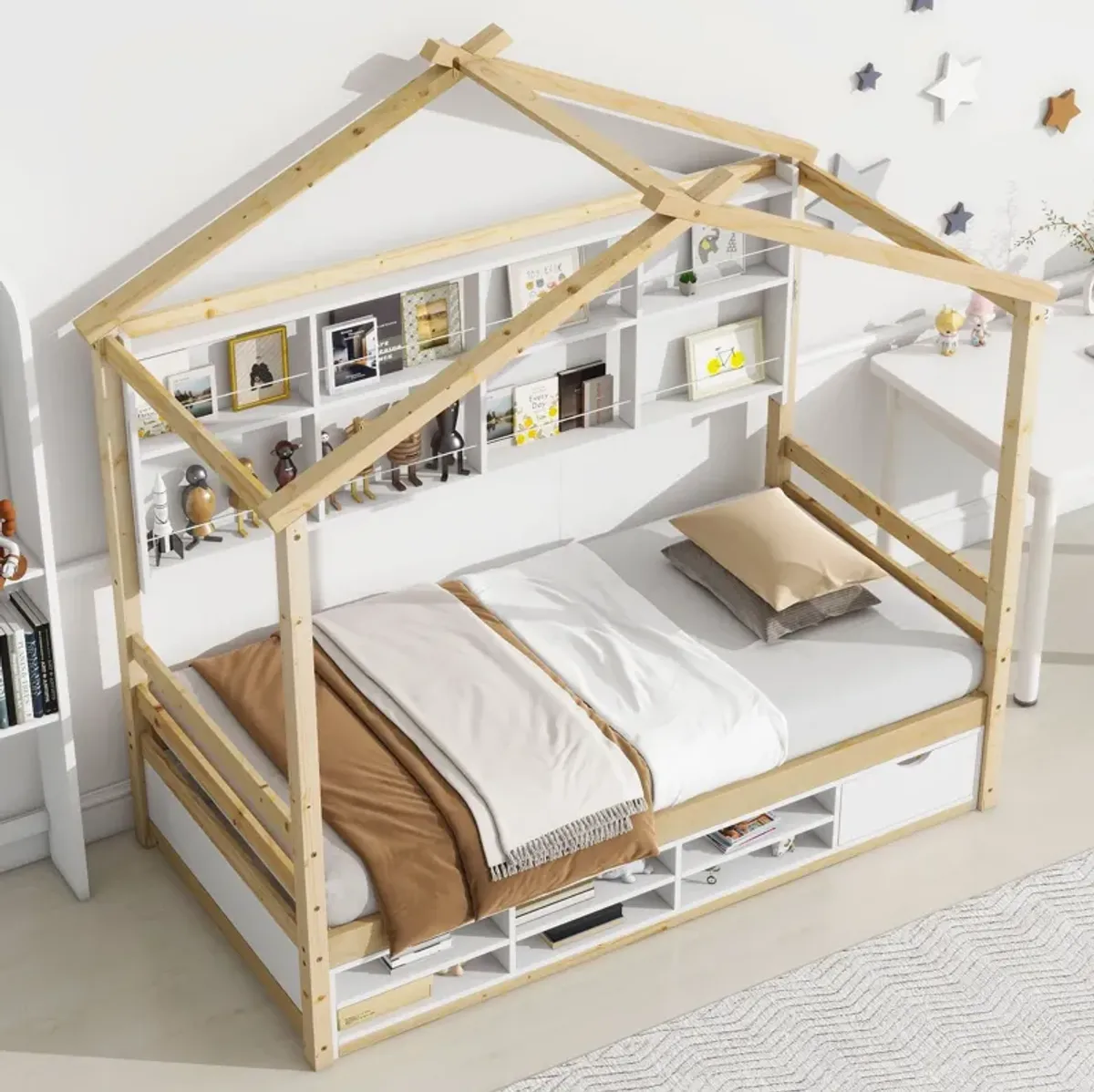 House Bed With Roof Frame, Bedside-Shelves, Under Bed Storage Unit