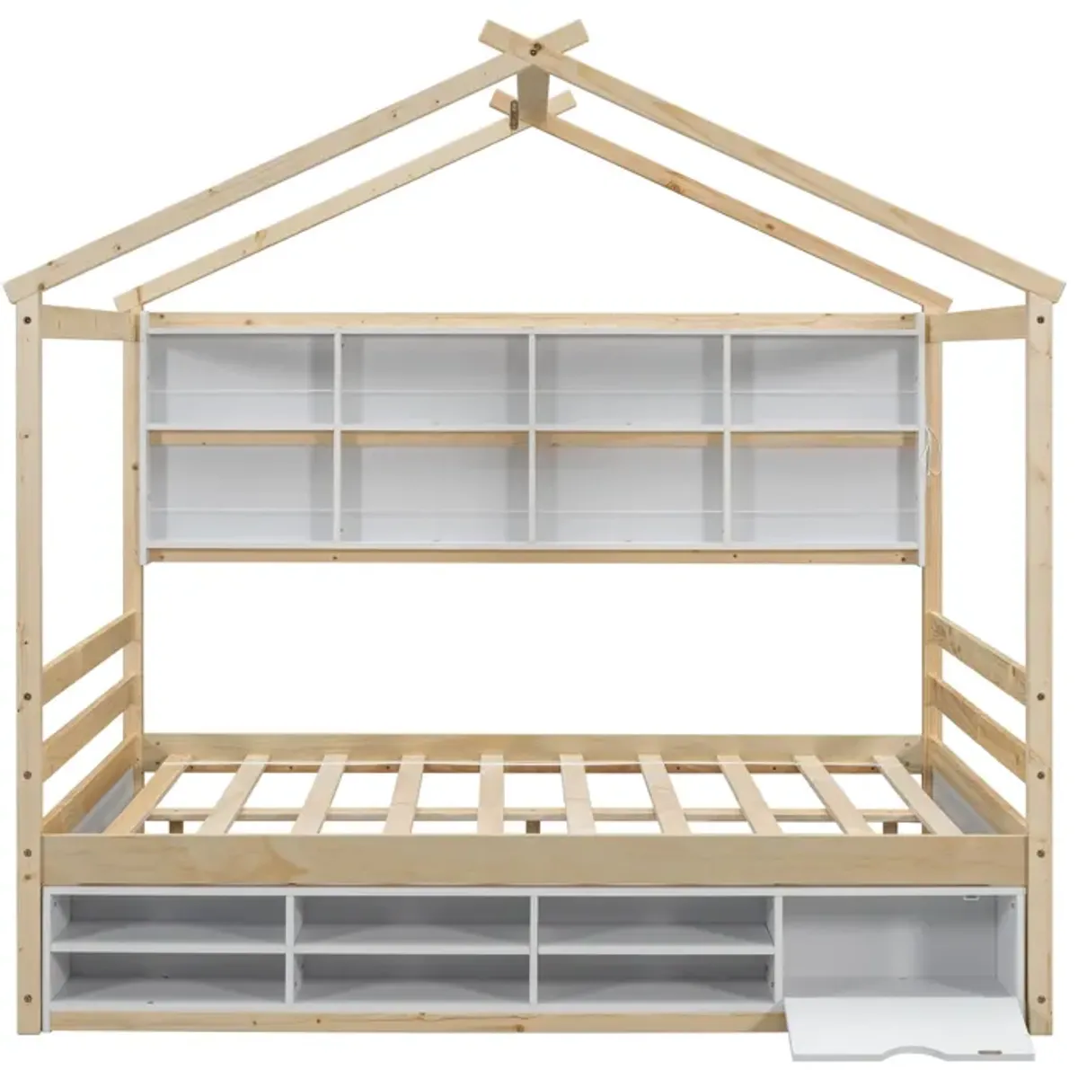 House Bed With Roof Frame, Bedside-Shelves, Under Bed Storage Unit