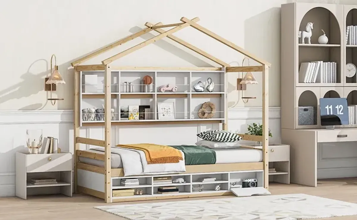 House Bed With Roof Frame, Bedside-Shelves, Under Bed Storage Unit