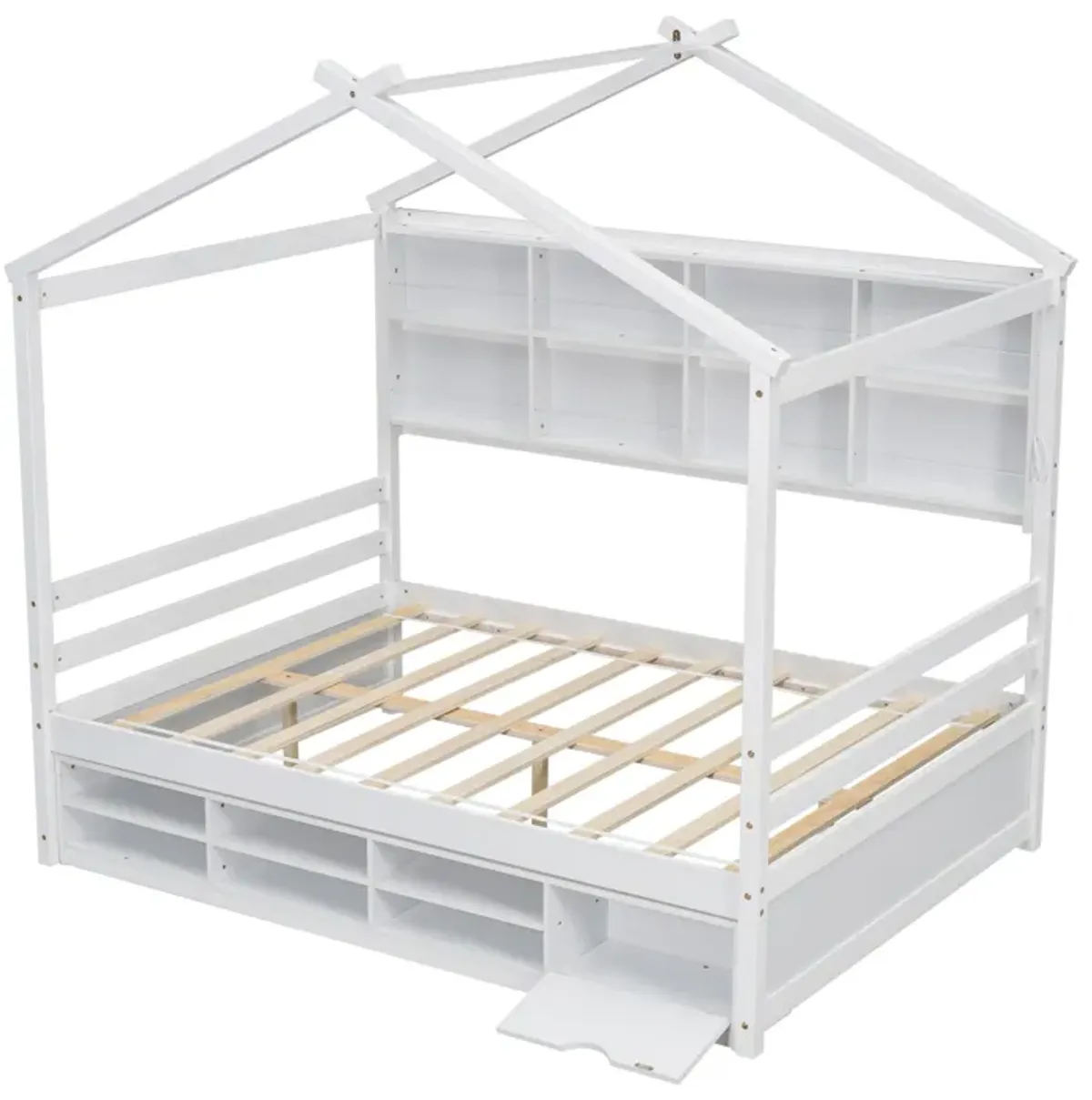 House Bed With Roof Frame, Bedside-Shelves, Under Bed Storage Unit