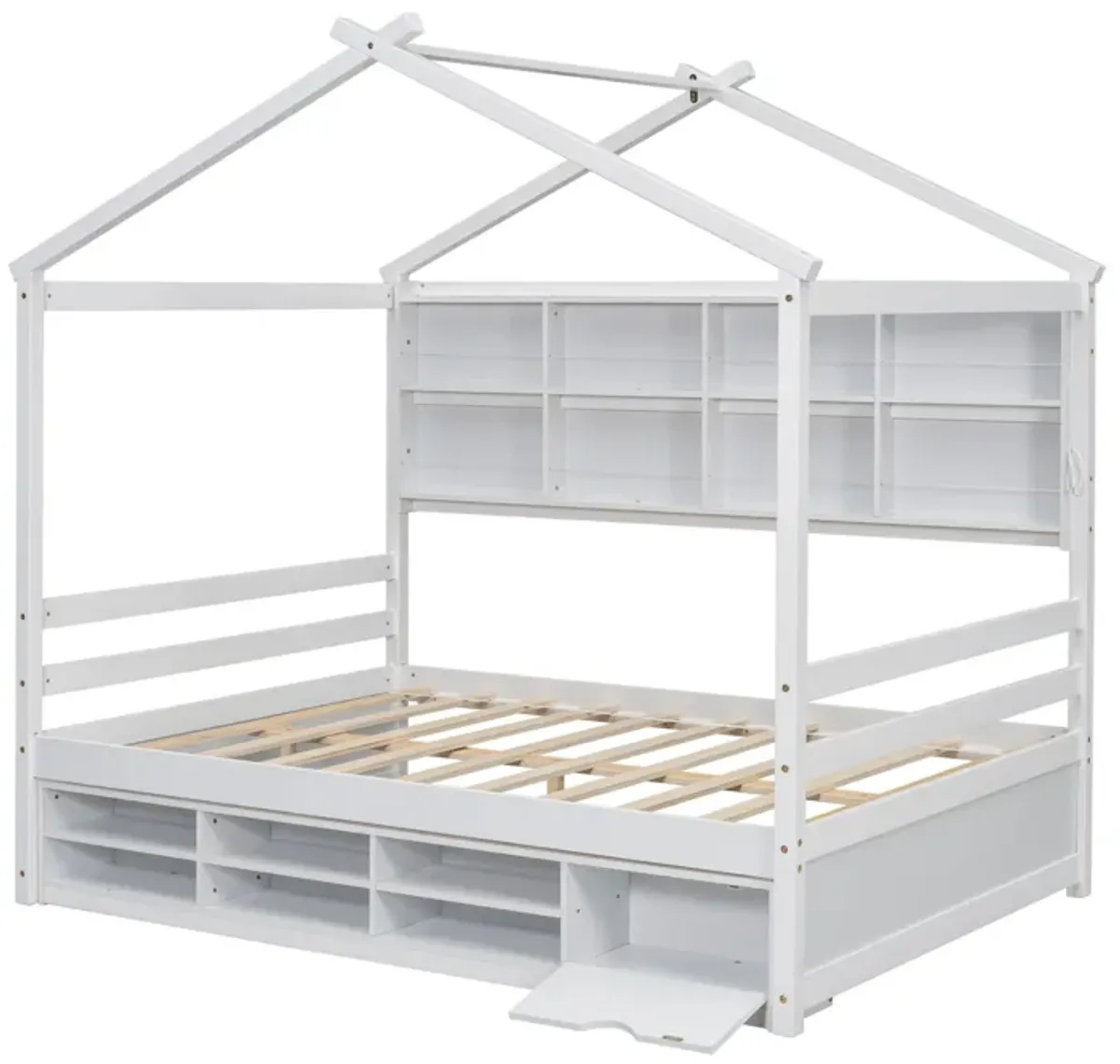 House Bed With Roof Frame, Bedside-Shelves, Under Bed Storage Unit