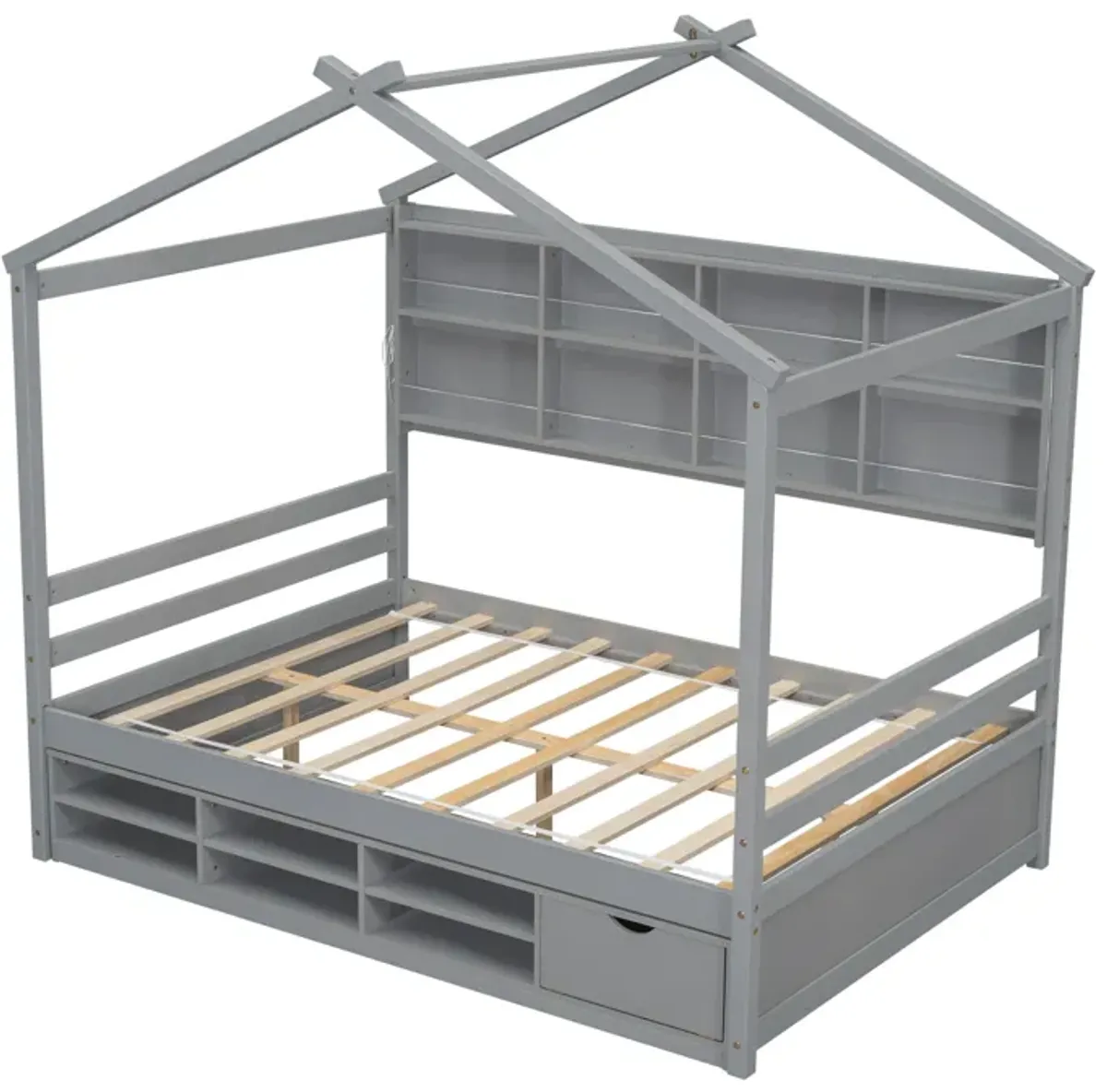 House Bed With Roof Frame, Bedside-Shelves, Under Bed Storage Unit