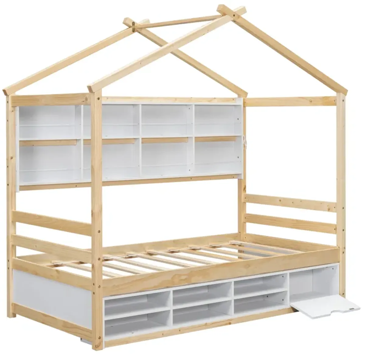 House Bed With Roof Frame, Bedside-Shelves, Under Bed Storage Unit