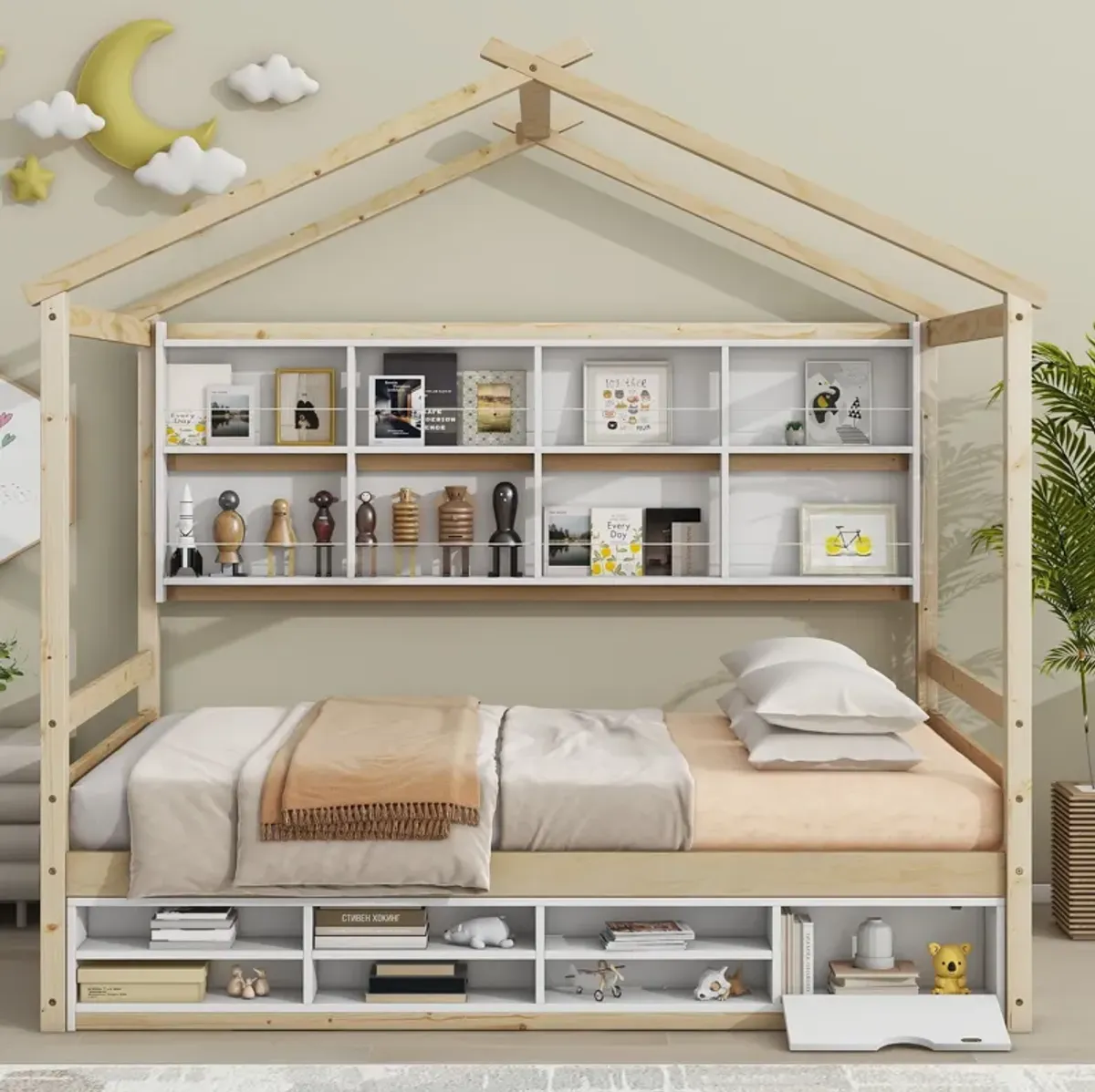 House Bed With Roof Frame, Bedside-Shelves, Under Bed Storage Unit