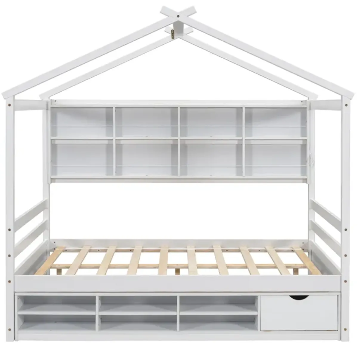 House Bed With Roof Frame, Bedside-Shelves, Under Bed Storage Unit