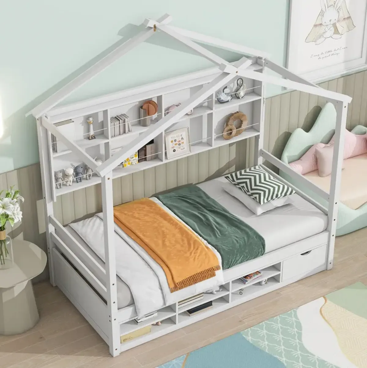 House Bed With Roof Frame, Bedside-Shelves, Under Bed Storage Unit