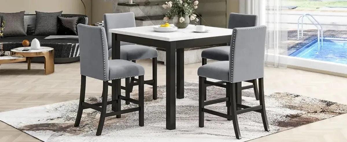 5-Piece Counter Height Dining Table Set With One Faux Marble Top Dining Table And Four Velvet Upholstered Chairs