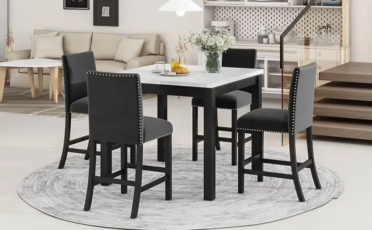 5-Piece Counter Height Dining Table Set With One Faux Marble Top Dining Table And Four Velvet Upholstered Chairs