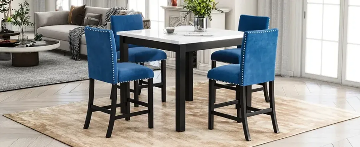 5-Piece Counter Height Dining Table Set With One Faux Marble Top Dining Table And Four Velvet Upholstered Chairs