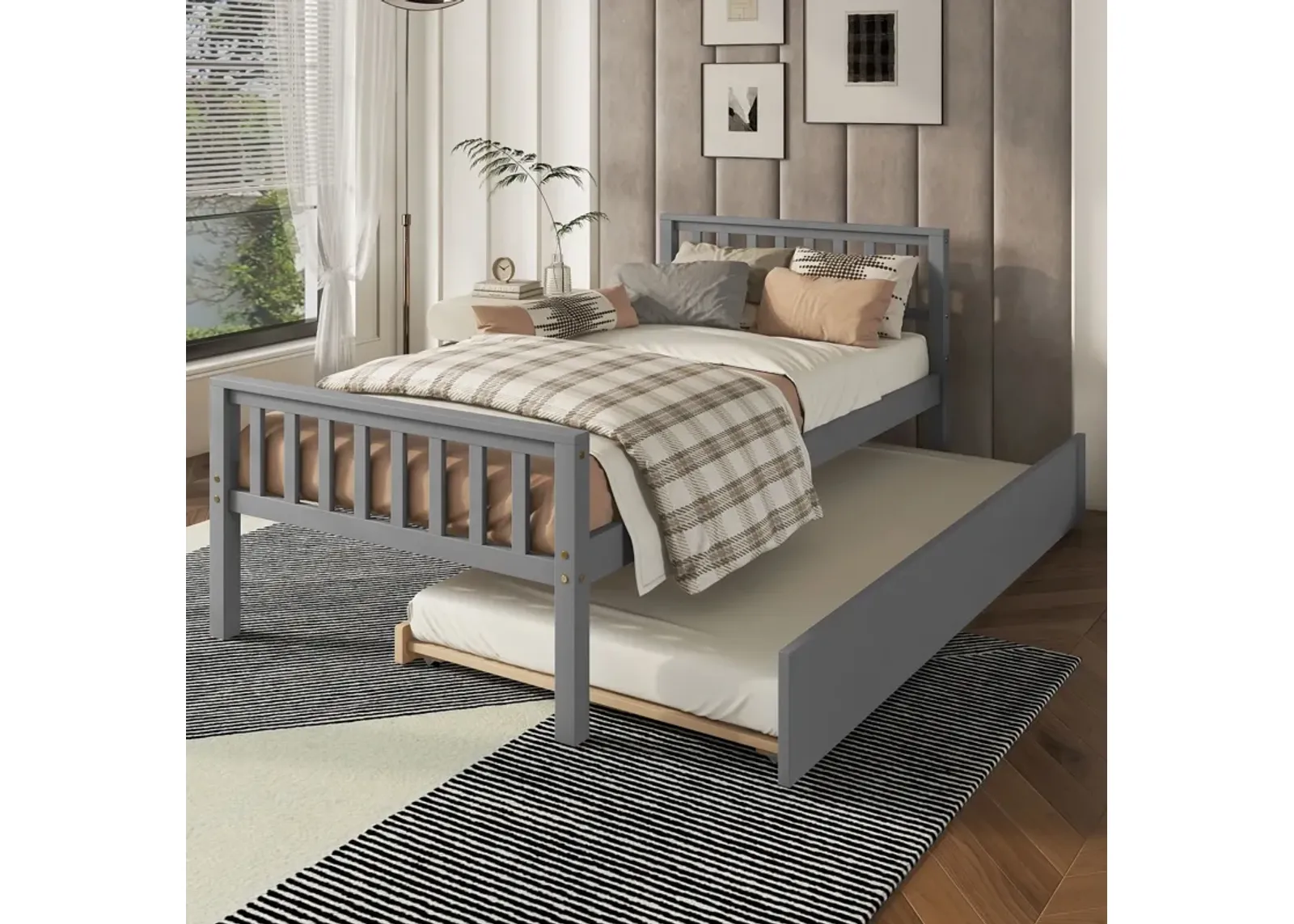 Twin Bed With Trundle, Platform Bed Frame With Headboard And Footboard, For Bedroom Small Living Space, No Box Spring Needed