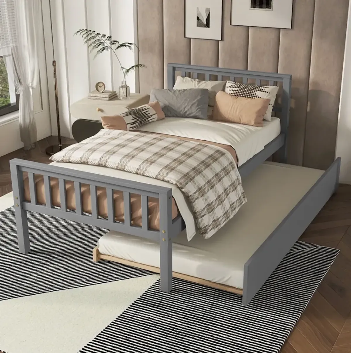 Twin Bed With Trundle, Platform Bed Frame With Headboard And Footboard, For Bedroom Small Living Space, No Box Spring Needed