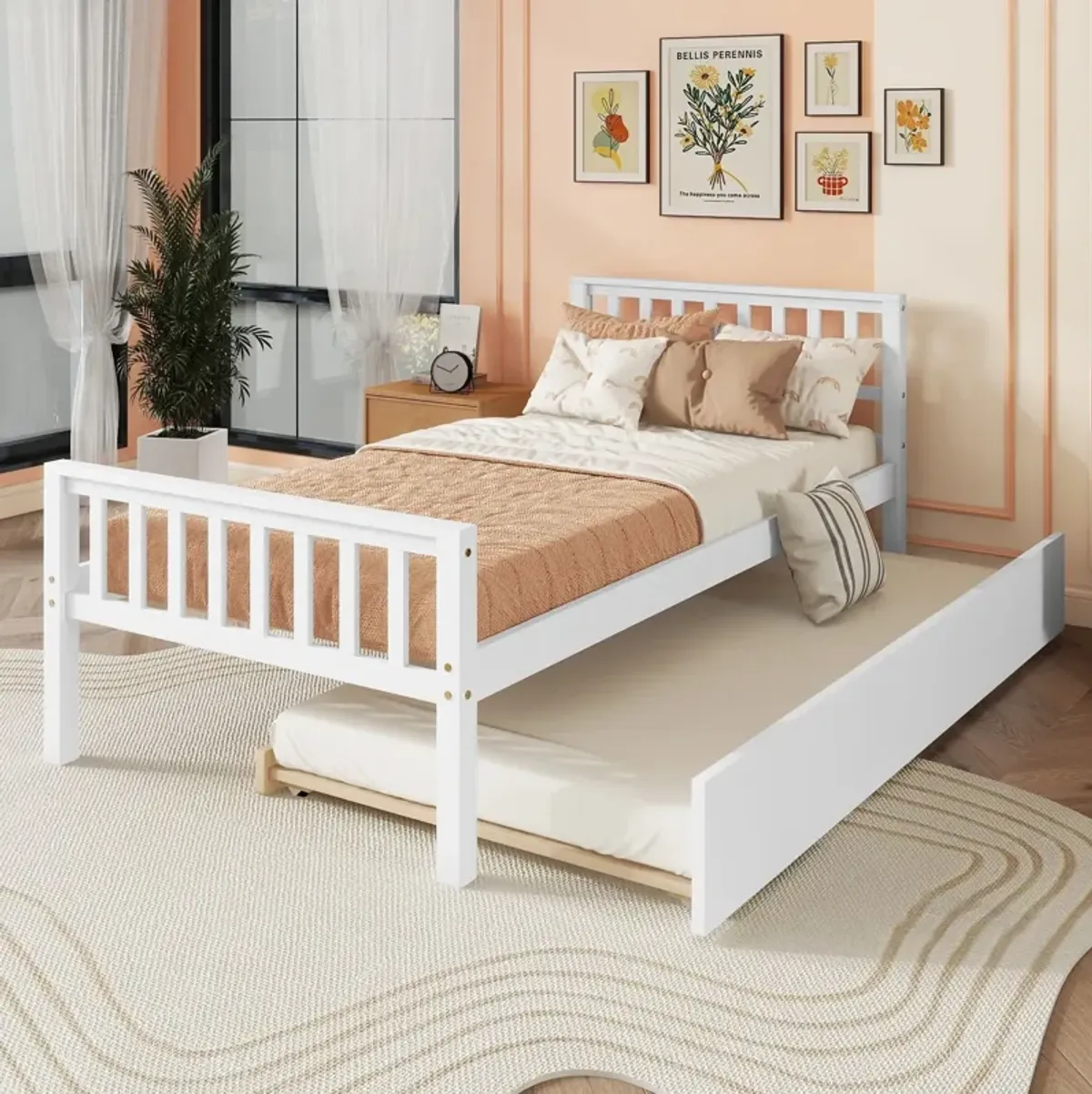 Twin Bed With Trundle, Platform Bed Frame With Headboard And Footboard, For Bedroom Small Living Space, No Box Spring Needed